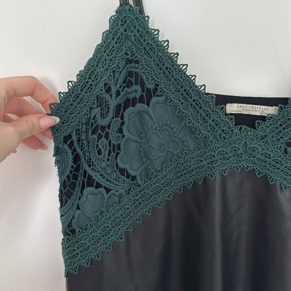 Zara Trafaluc Black Faux Leather/Green Crochet Embroidered Slip Dress, - Size M - Picture 2 of 6